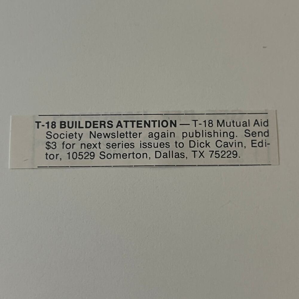 Dick Cavin T-18 Builders Attention Dallas 1979 Sport Aviation Clipping SAH5-S54